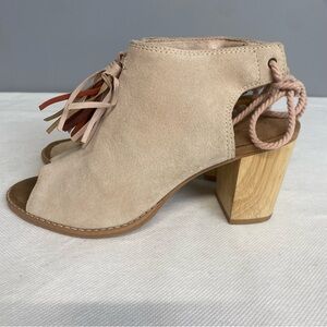 Toms Blush Suede Tassel Peep-Toe Block Heel Sandal